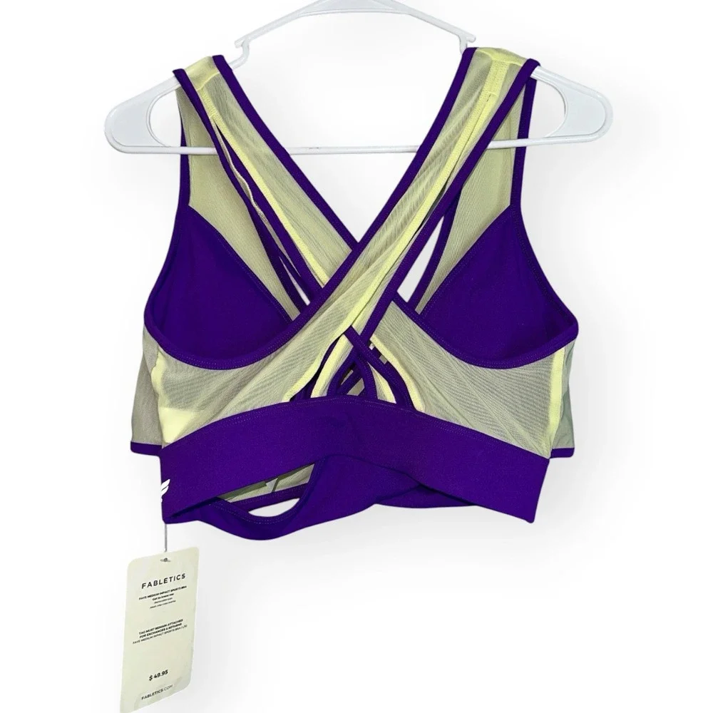 Fabletics Faye Medium Impact Sports Bra Purple Yellow Mesh Wrap L Activewear